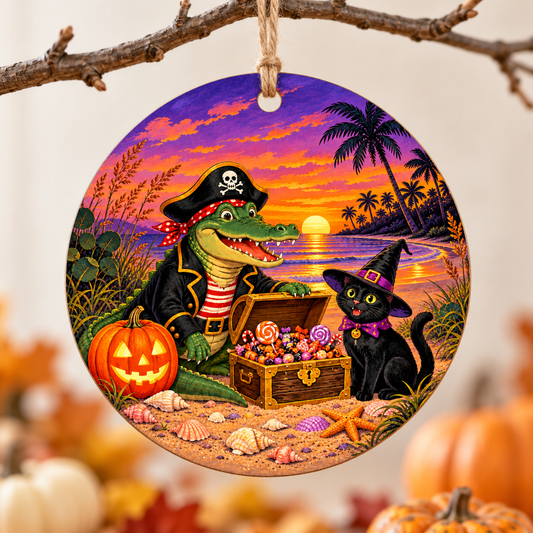 Pirate Gator & Black Cat Halloween ornament styled product photo