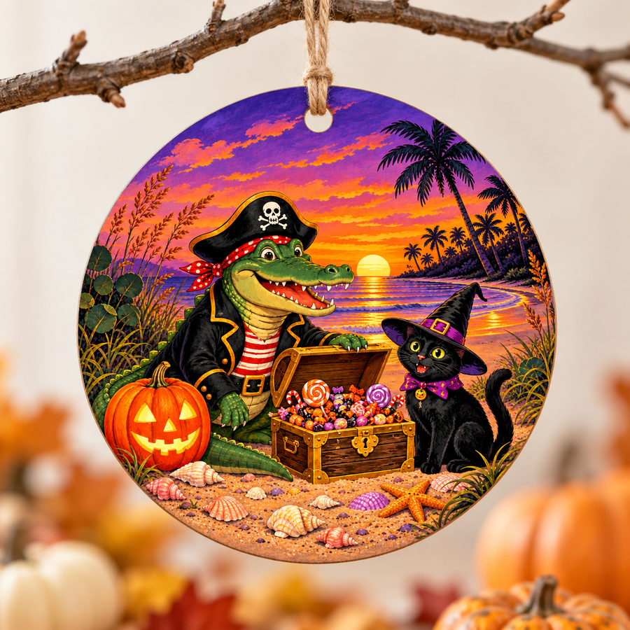 Pirate Gator & Black Cat — Halloween Birch Ornament
