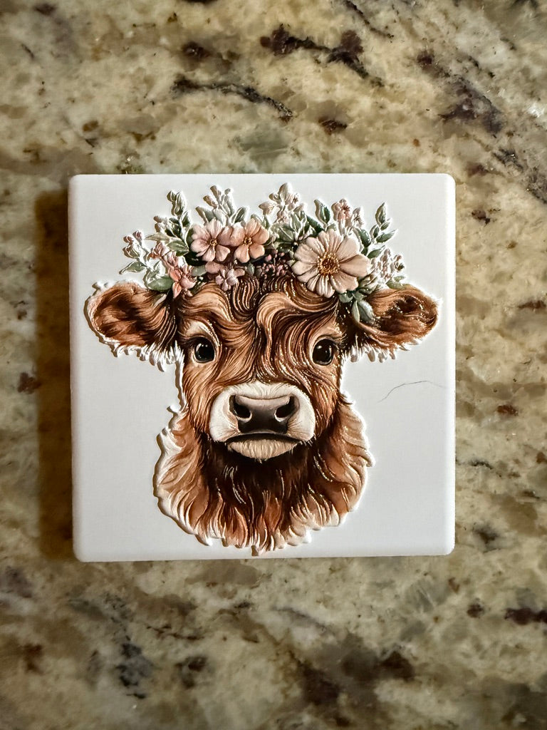 Highland Calf with Floral Crown — Premium Ceramic Magnet