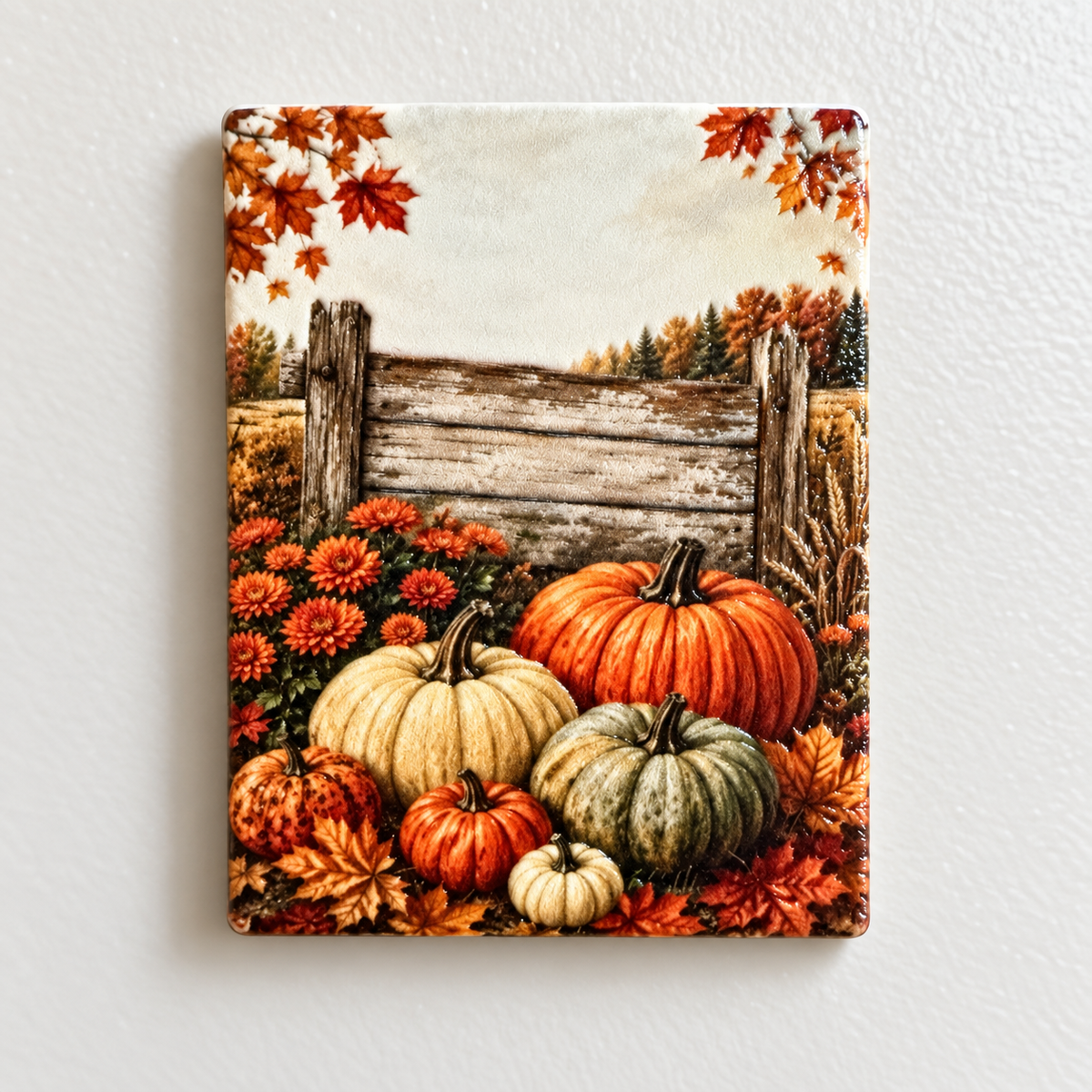 Pumpkins by the Rustic Fence — Premium Ceramic Magnet — full product photograph