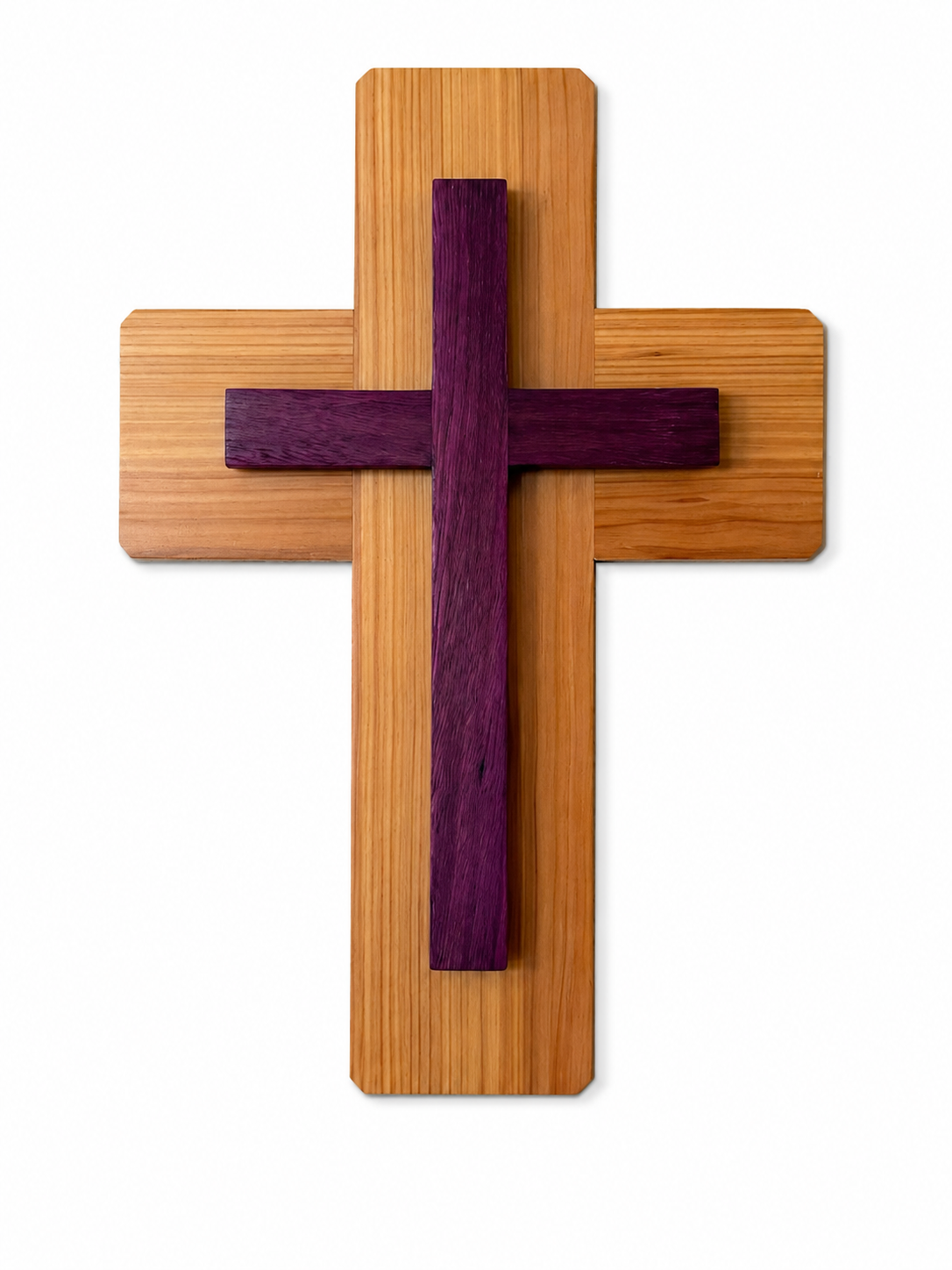 Handcrafted layered wood Christian wall cross with purpleheart accent