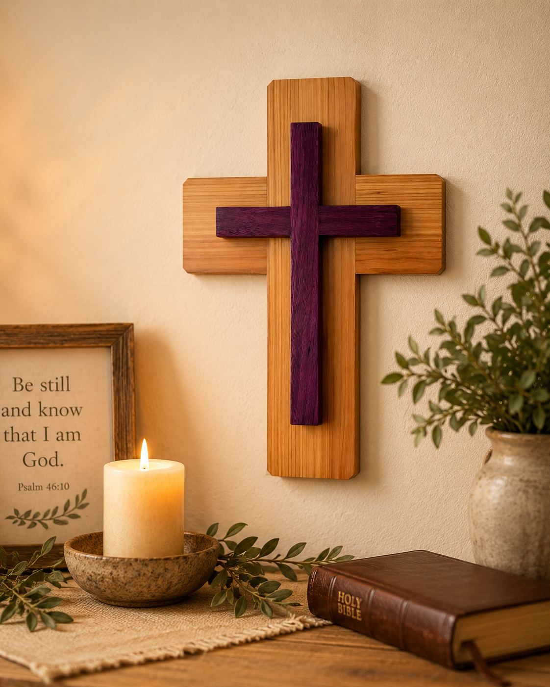 Handcrafted layered wood Christian cross displayed in a warm faith-inspired room