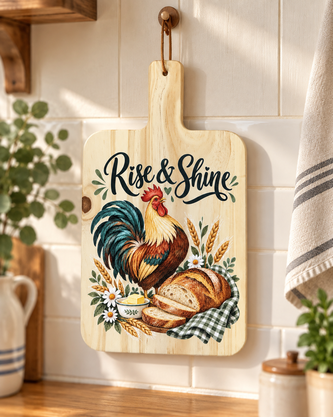 Rise and Shine rooster kitchen paddle board hanging in a farmhouse kitchen