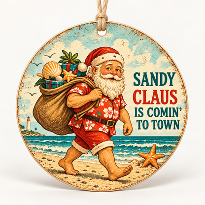 Sandy Claus Is Comin’ to Town — 3.5-inch birch ornament with light twine hanger; product mockup