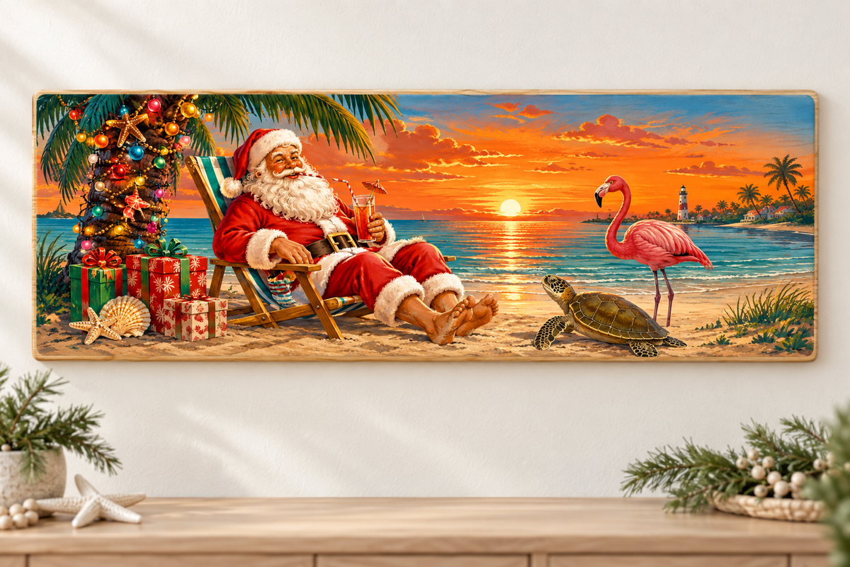 Santa’s Gulf Sunset — 15.5 × 5.5-inch pine board display