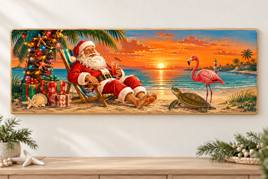 Santa’s Gulf Sunset — 15.5 × 5.5-inch pine board display