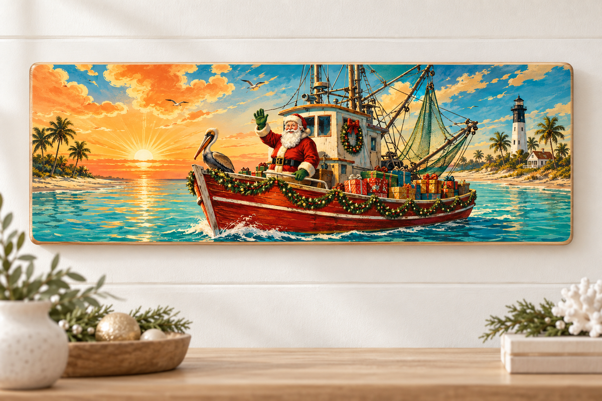 Santa’s Shrimp Boat — 15.5 × 5.5-inch pine board display