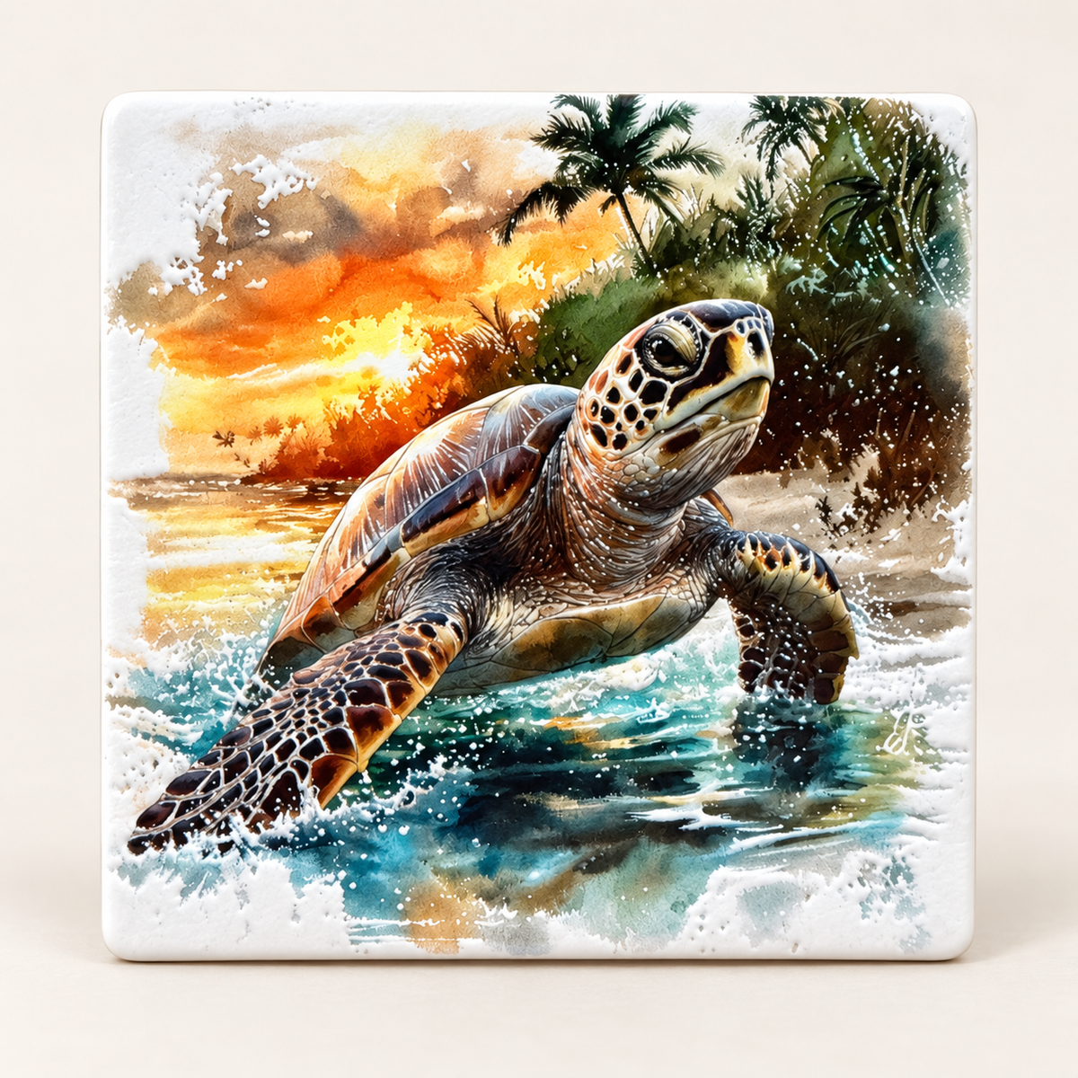 Sea Turtle at Sunset Shore square ceramic magnet product photo