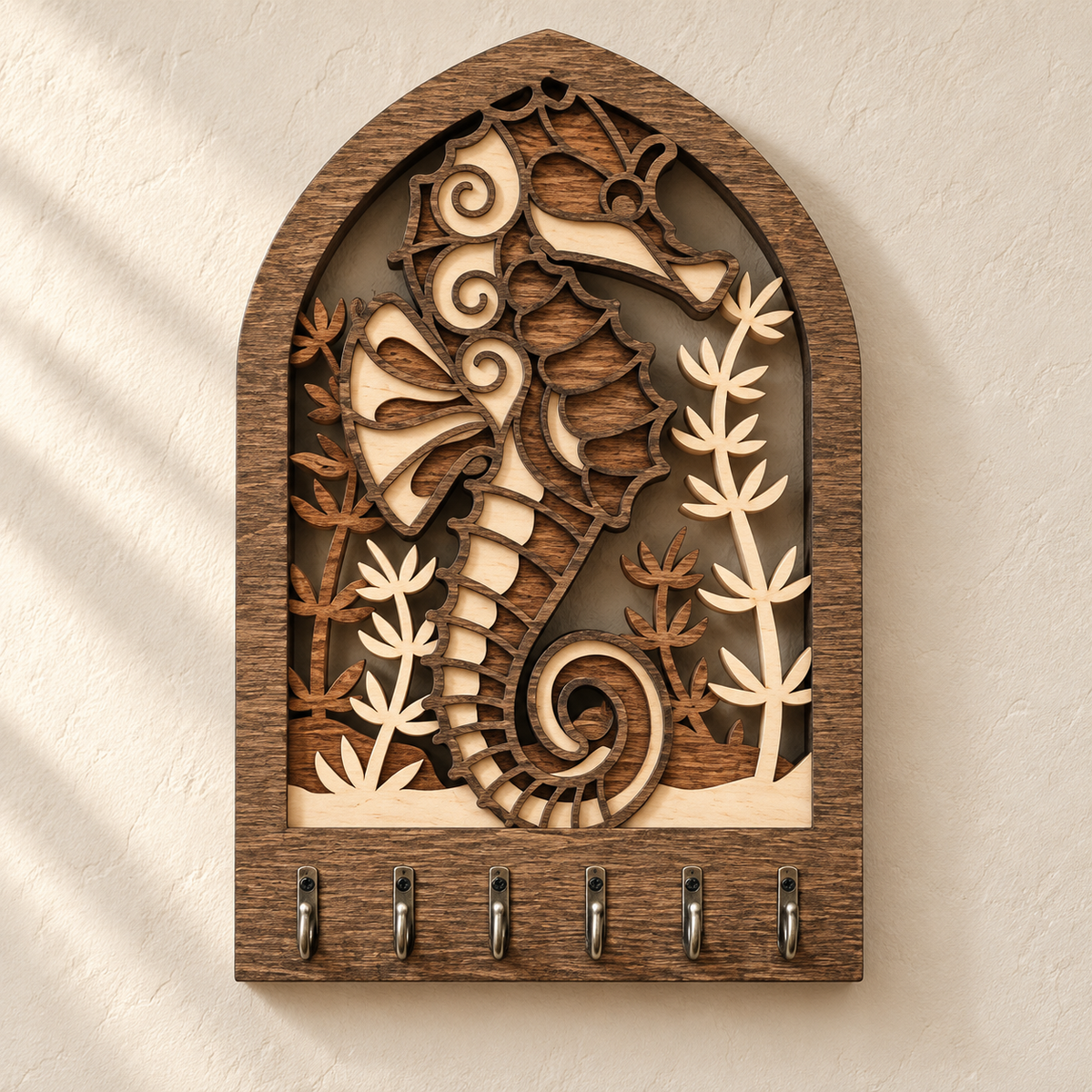 Seahorse layered natural birch wooden key rack with six hooks