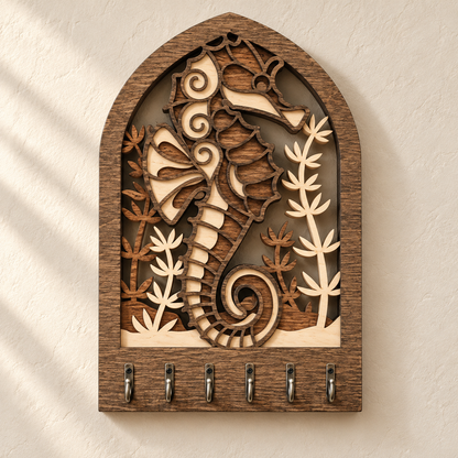 Seahorse layered natural birch wooden key rack with six hooks