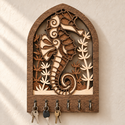 Seahorse wooden key rack shown holding several sets of keys