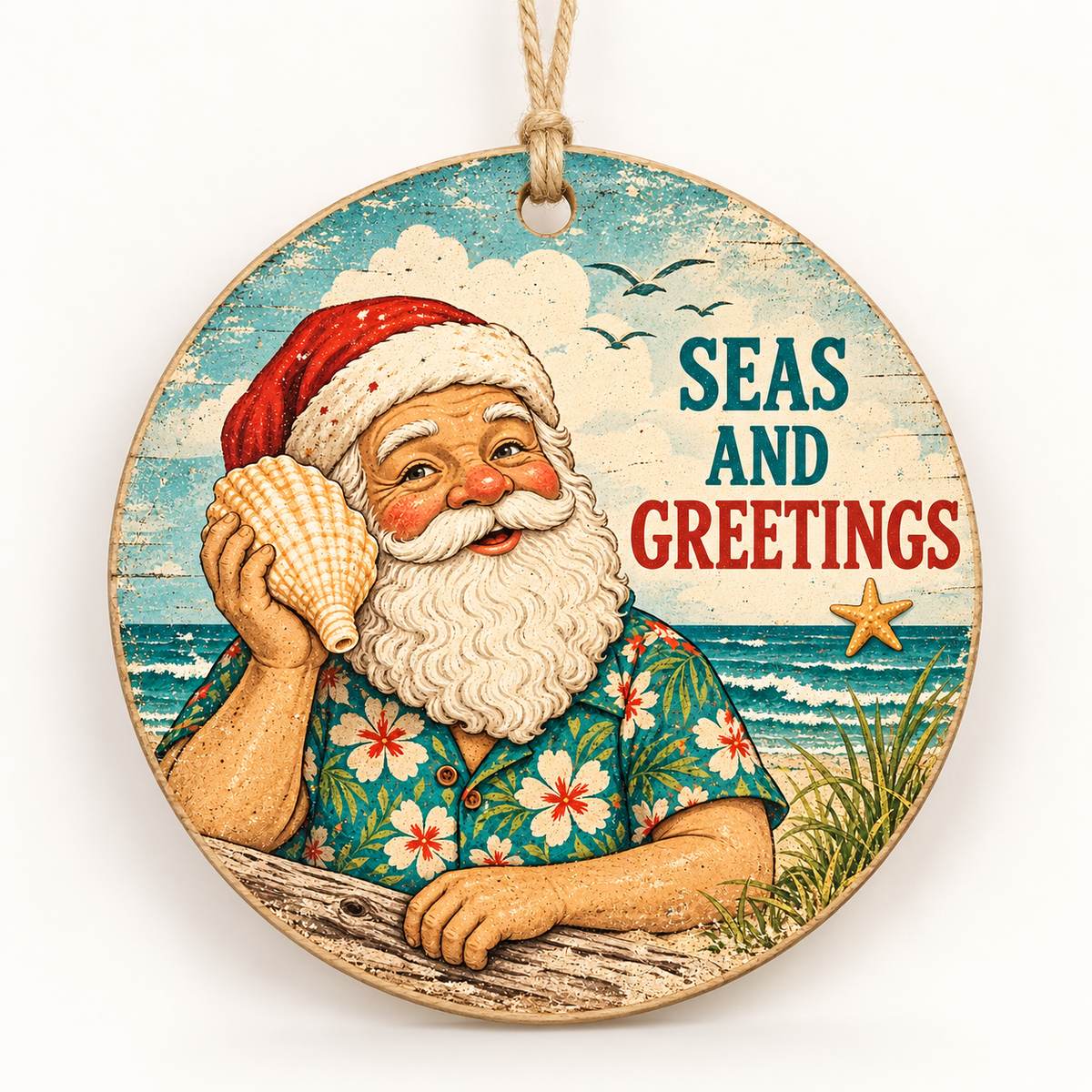 Seas and Greetings — 3.5-inch birch ornament with light twine hanger; product mockup