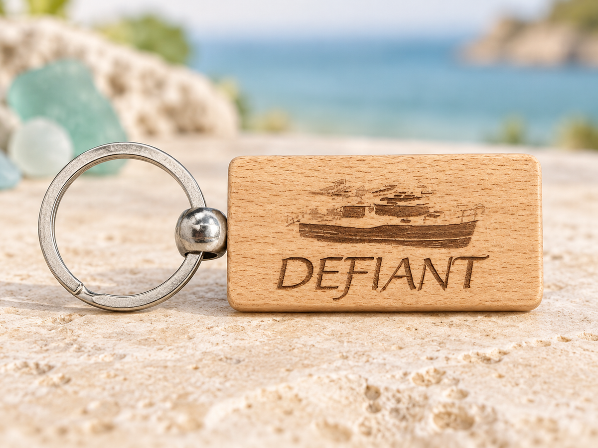 DEFIANT yacht engraved wooden keychain with silver ring
