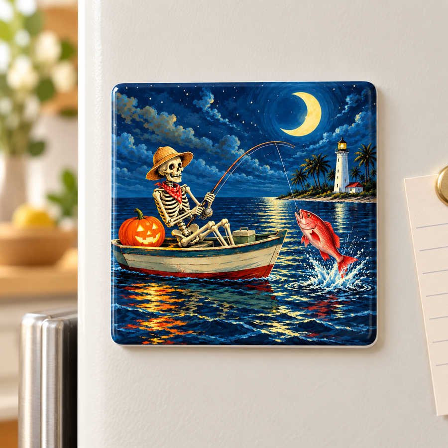 Skeleton Fisherman — Halloween Square Ceramic Magnet