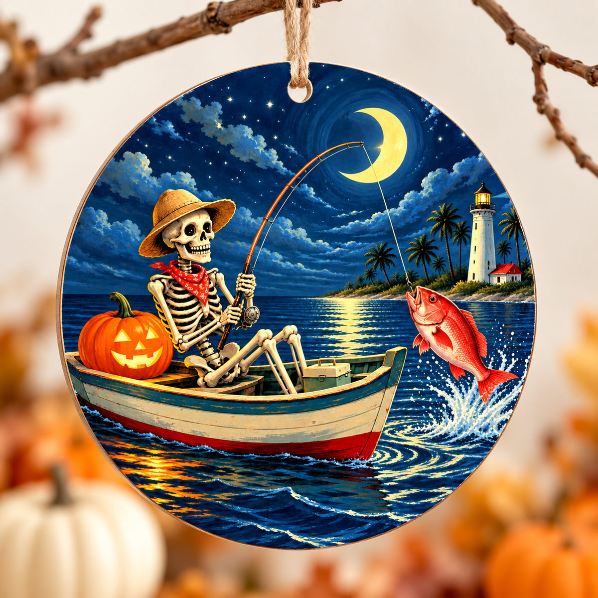 Skeleton Fisherman Halloween ornament styled product photo