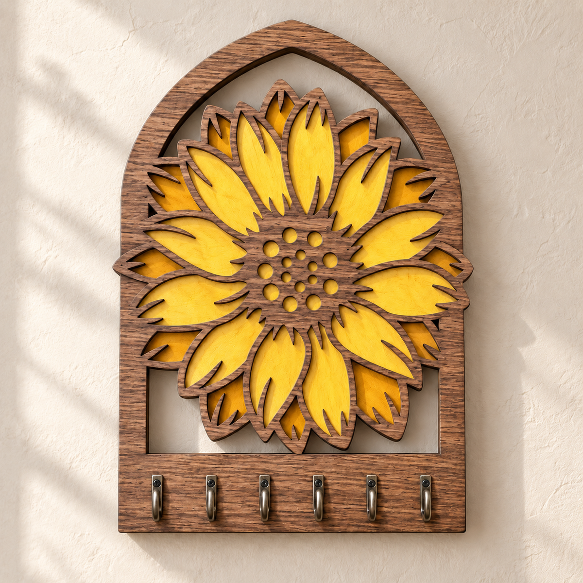 Sunflower layered natural birch wooden key rack with six hooks