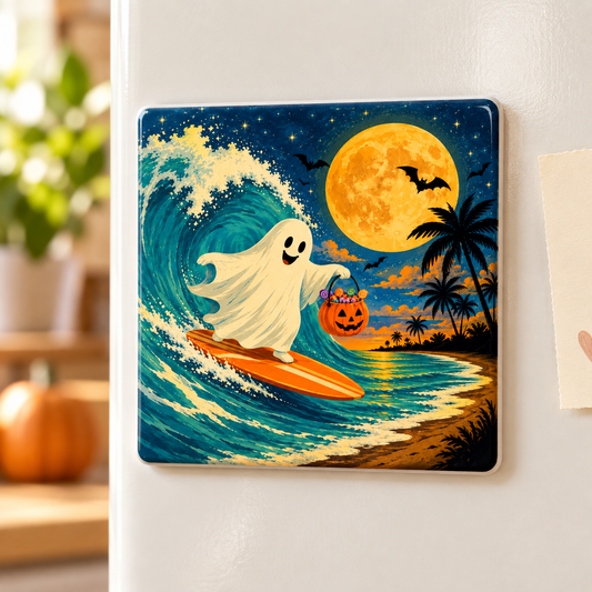 Surfing Ghost Halloween magnet styled product photo