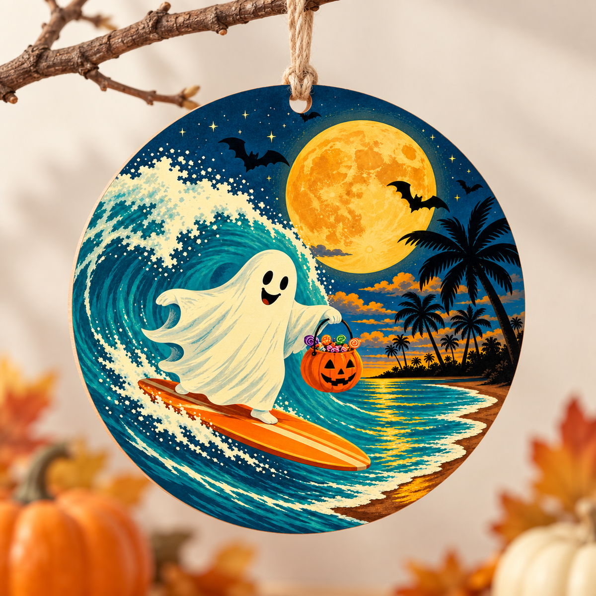Surfing Ghost Halloween ornament styled product photo