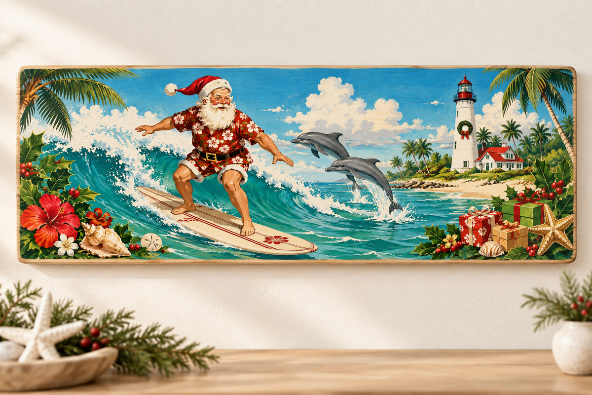 Surfing Santa on the Gulf Coast — 15.5 × 5.5-inch pine board display