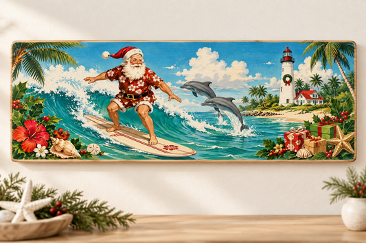 Surfing Santa on the Gulf Coast — 15.5 × 5.5-inch pine board display