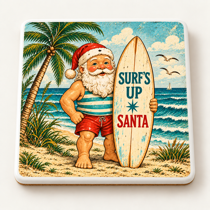 Surf’s Up Santa — ceramic coaster product mockup