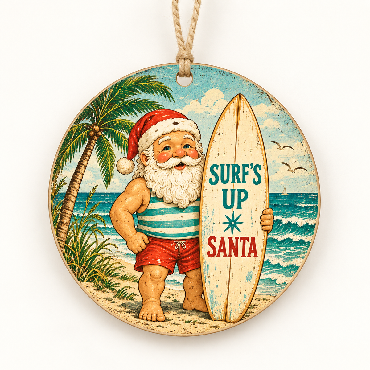 Surf’s Up Santa — 3.5-inch birch ornament with light twine hanger; product mockup