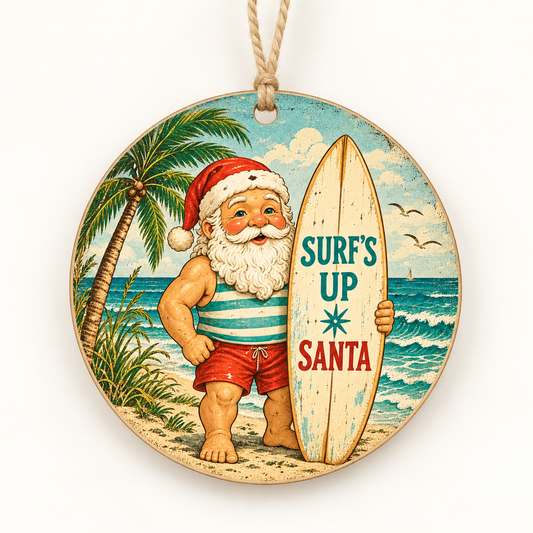 Surf’s Up Santa — 3.5-inch birch ornament with light twine hanger; product mockup