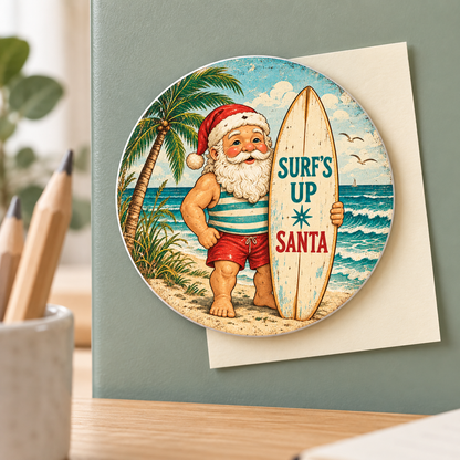 Surf’s Up Santa — 2⅝-inch round magnet styled display mockup
