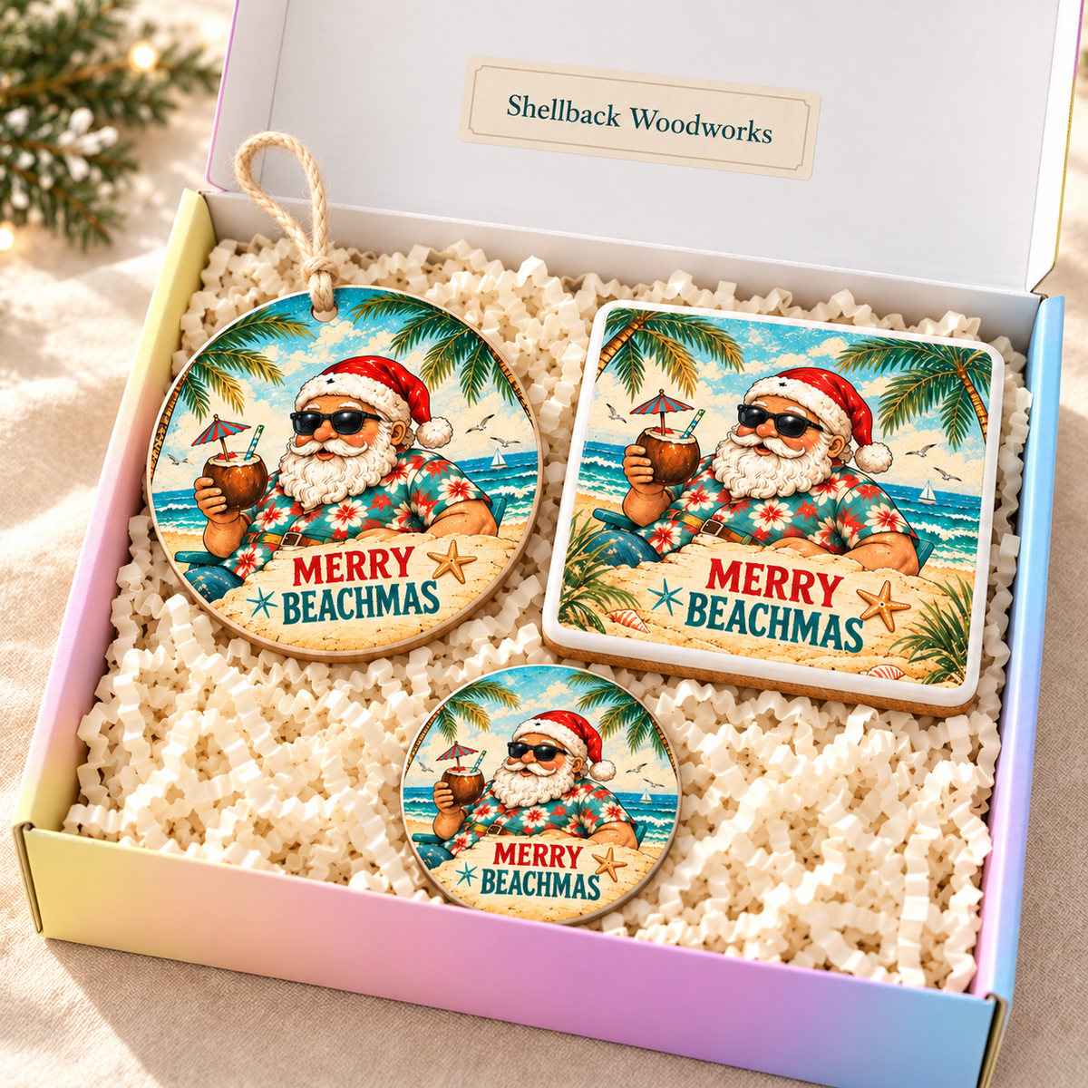 Vintage Santa ornament, coaster and magnet in pastel rainbow gift box with cream filling